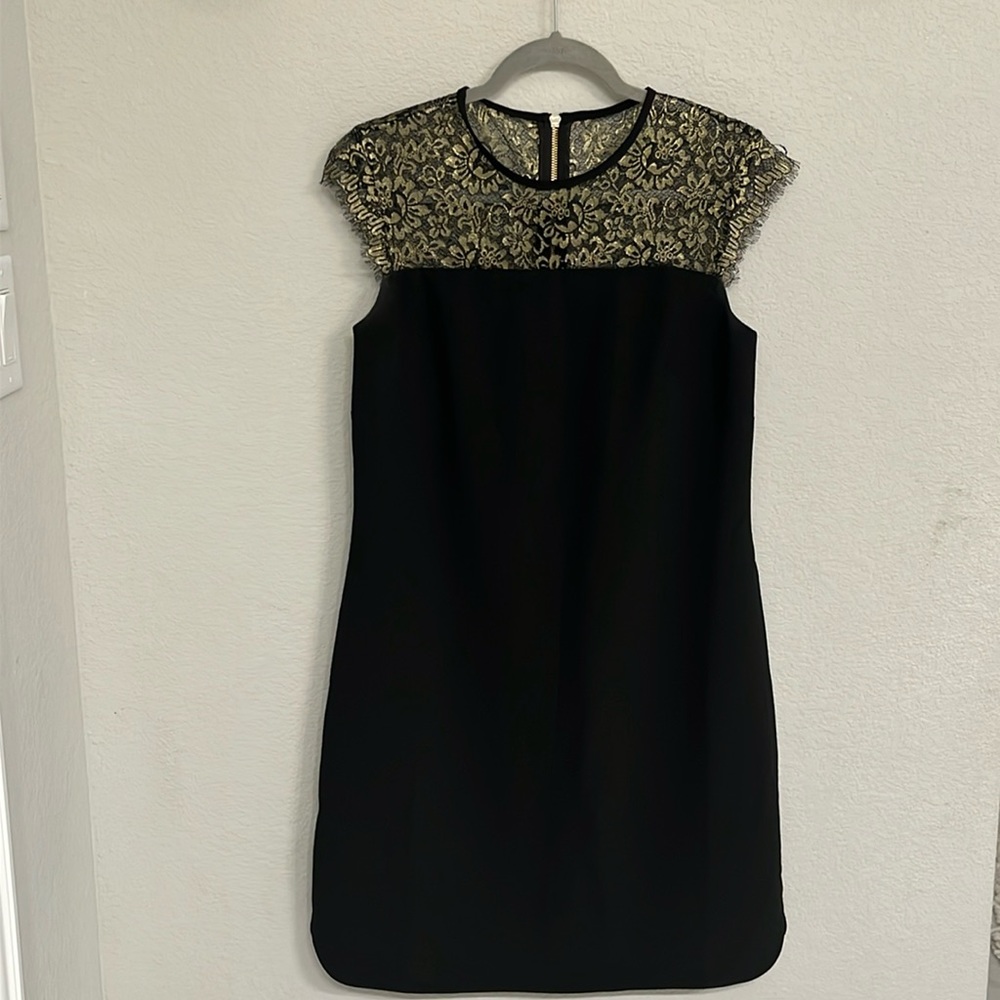 Ted Baker, London black dress with gold and black lace detailed top